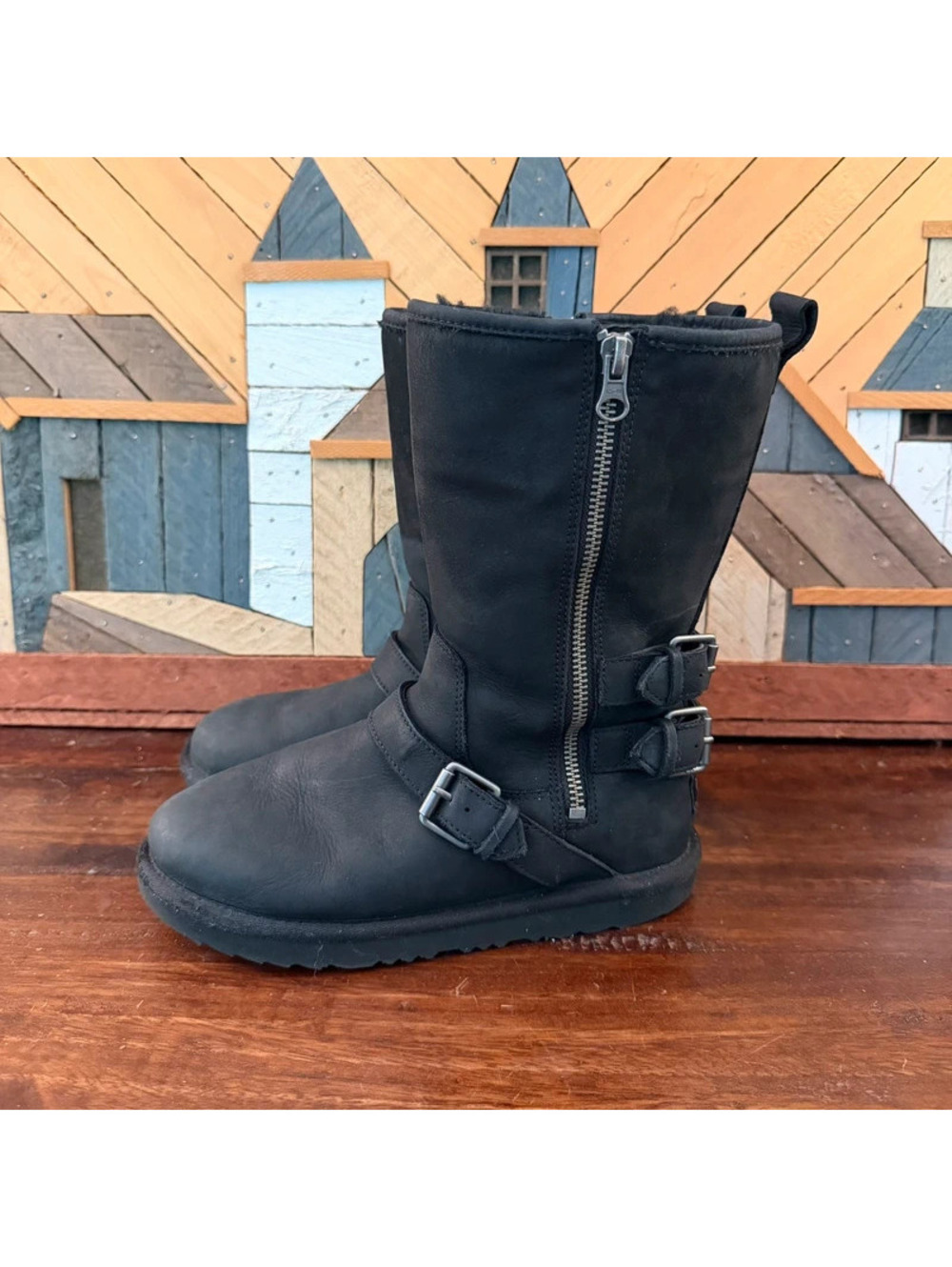 UGG Kaila Black Leather Double Zip Moto Boots Kids' Size 3